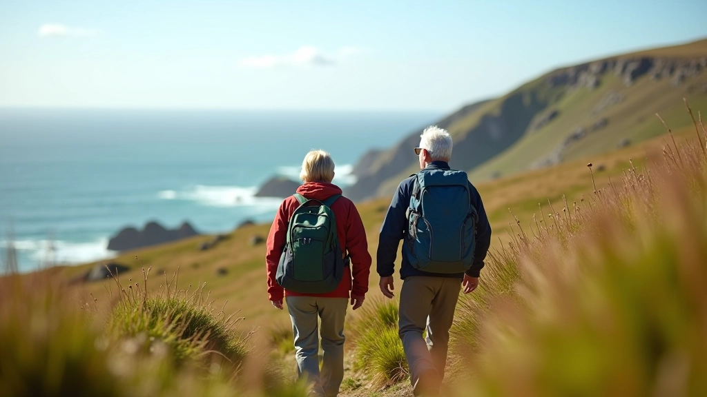 Senior couple walking on coastal path with scenic Irish landscape