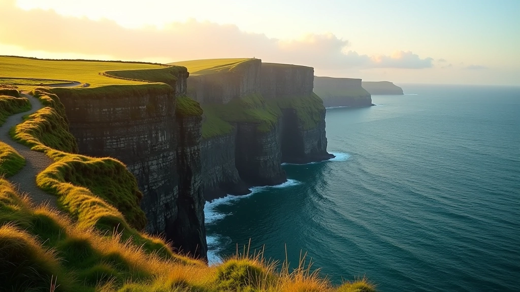 Scenic coastal cliffs with dramatic sea views and walking path along emerald green slopes