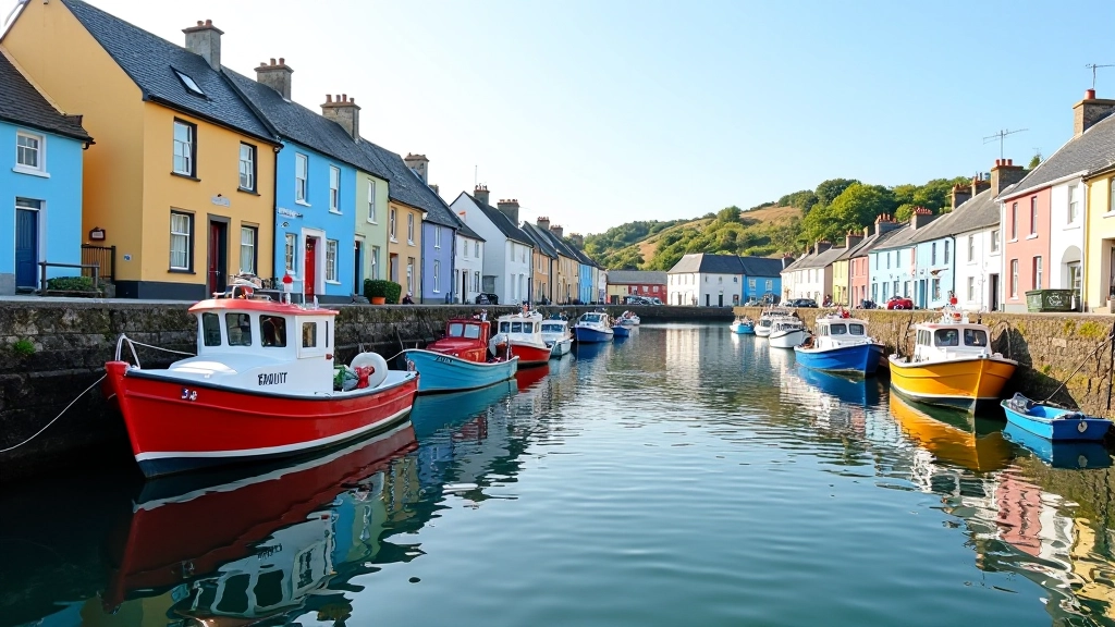 Seaside village with colorful fishing boats moored in harbor, Irish coastal town architecture