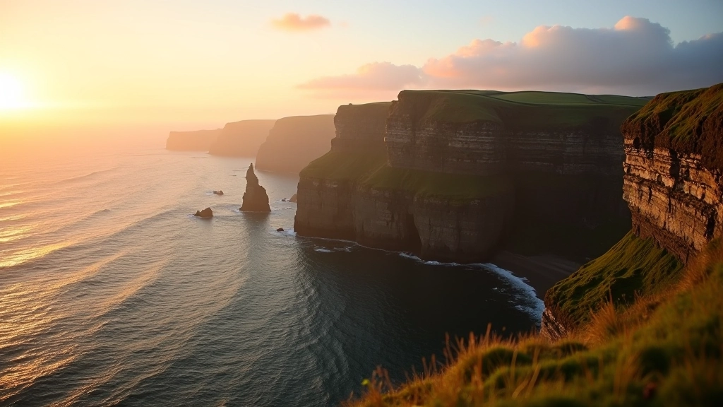 Panoramic view of the Cliffs of Moher stretching across the coastline, golden hour lighting with soft shadows on the cliff face, showing the Atlantic Ocean below