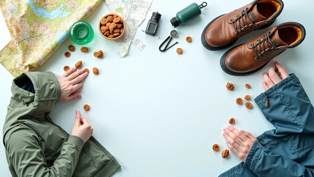 Overhead view of hiking gear laid out including walking boots, water bottle, map, compass, and jacket on a light surface