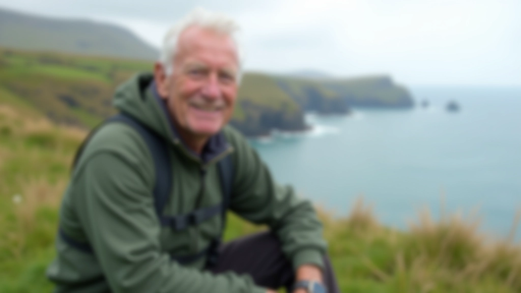 Person with backpack sitting on grassy hillside overlooking coastal landscape