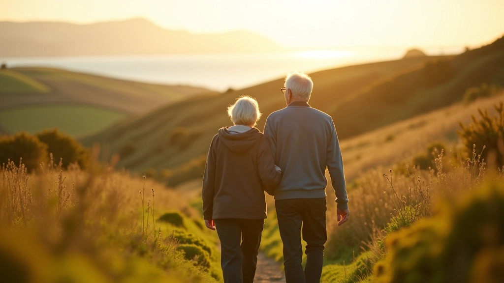 Older couple enjoying a peaceful walk on an Irish countryside trail