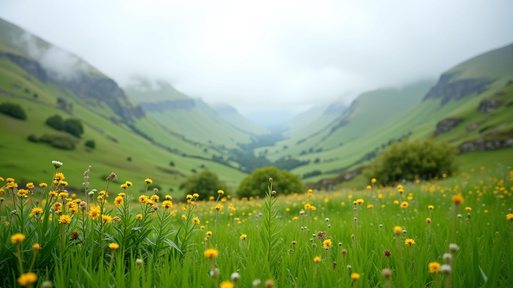 Spring hillside with fresh green growth, wildflowers blooming on mountain slope, misty valleys below